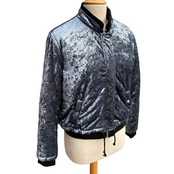 Y2K Crushed Velvet Bomber Jacket Sz M Blue Retro Celeb Style Aviator Streetwear - Picture 1 of 16